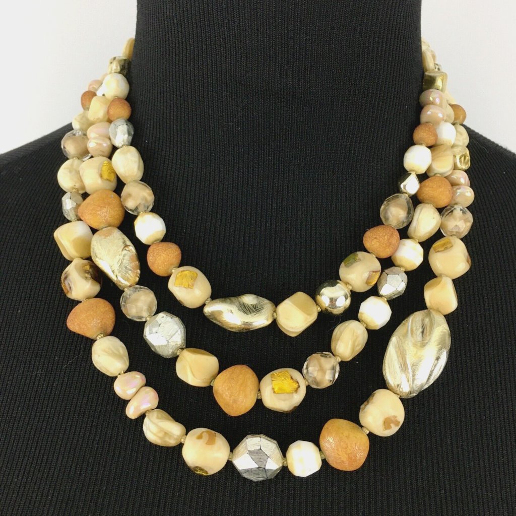 Hattie Carnegie Vintage Multi-Strand Necklace - Gold Silver Cream Art Glass Bead